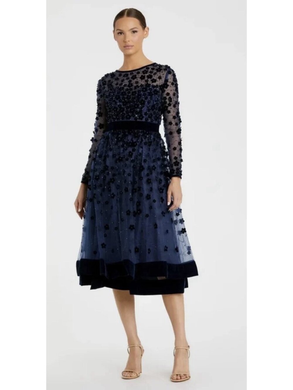 Mac Duggal Gown Dress Womens Size 16 Blue Floral Beaded Long Sleeves 67007